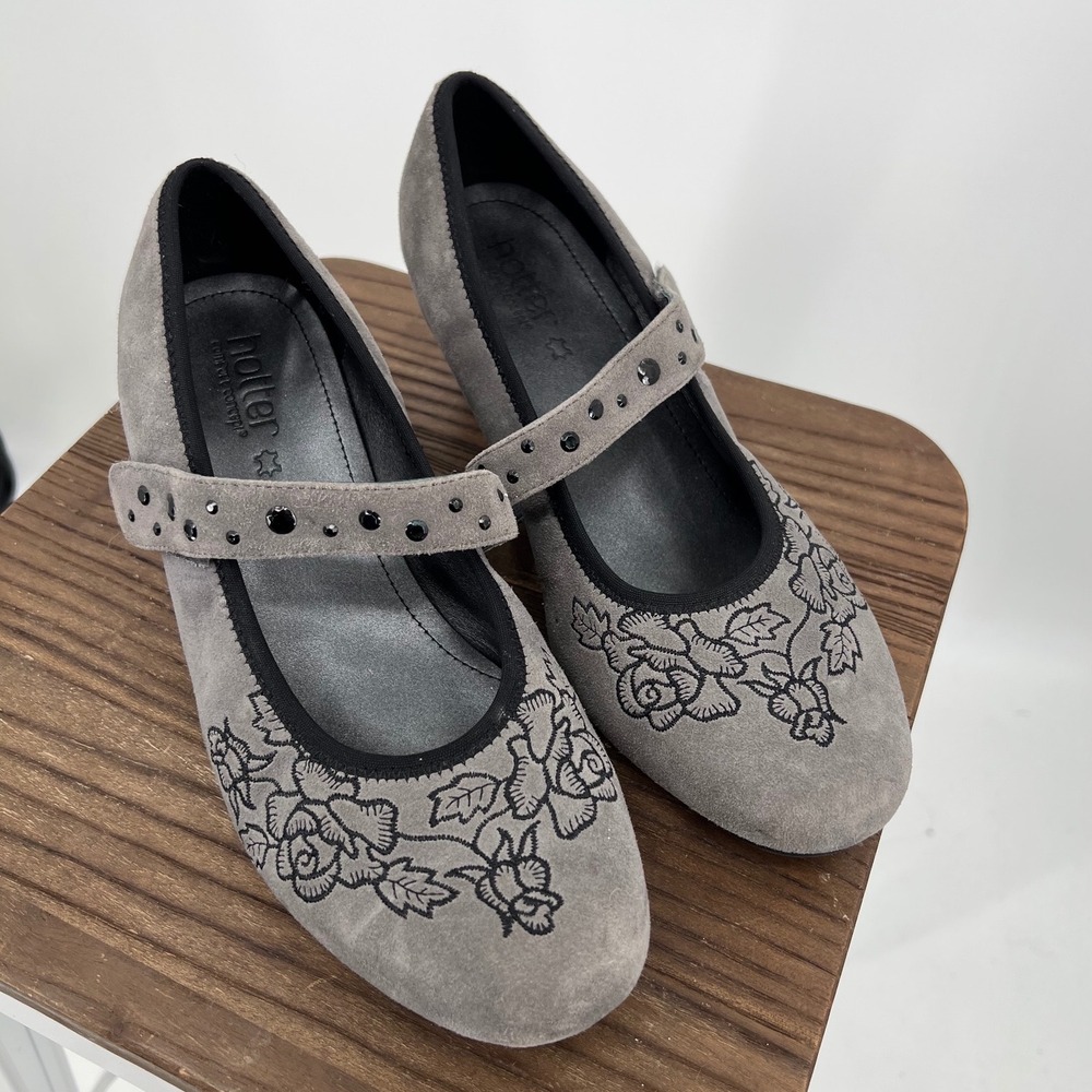 Hotter Grey Suede Floral Embroidered Mary Jane Studded Strap Comfort Heels 7.5